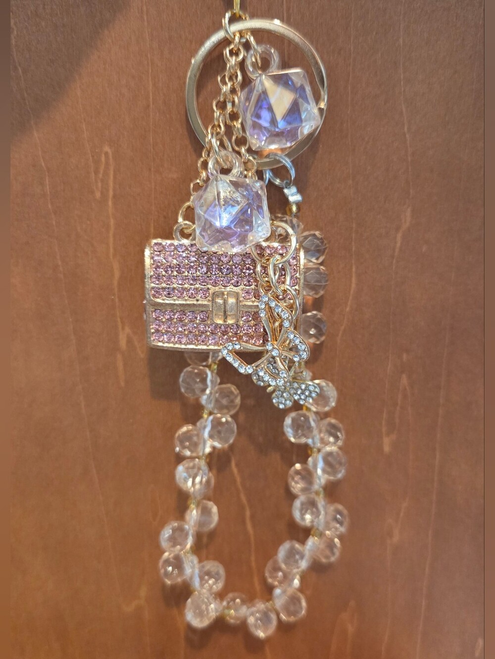 💖 Luxury Pink Rhinestone Purse & Crystal Bead Keychain / Bag Charm